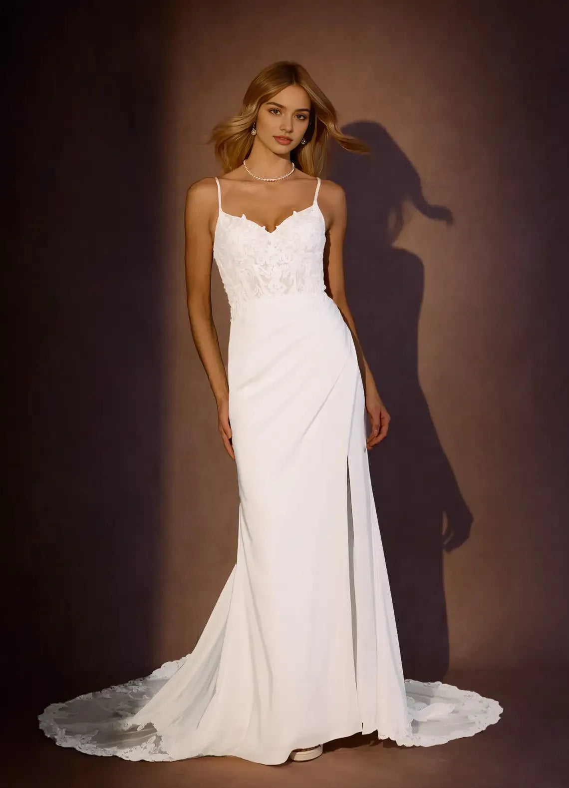 Elegant Spaghetti Strap White Mermaid V-Neck lace Crepe Back Satin Wedding Dress Bodice High Slit