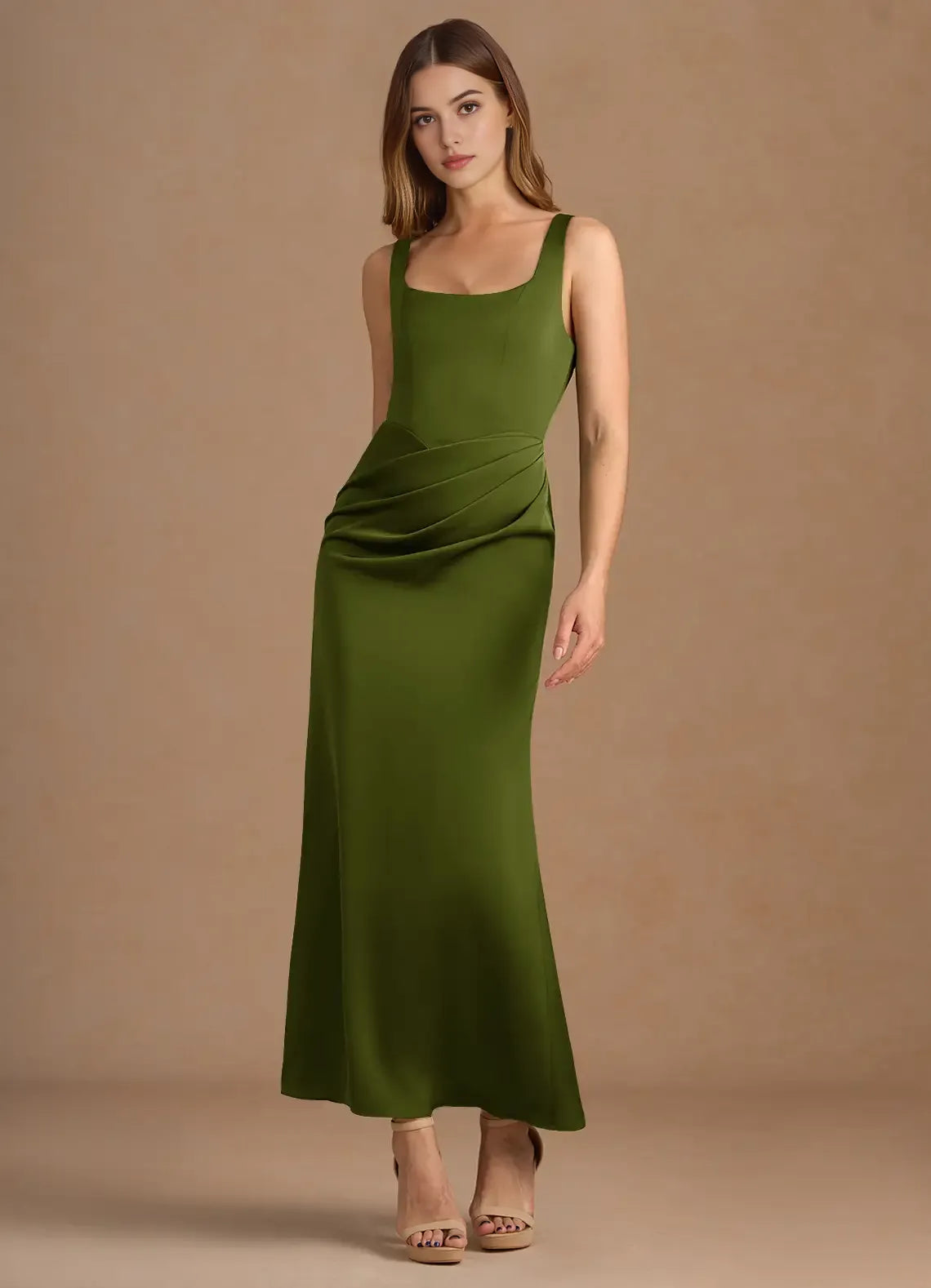 Elegant Square - Necked Olive Green Prom Dress with Ruched Waist Detail and Figure - Hugging Silhouette for Formal Events