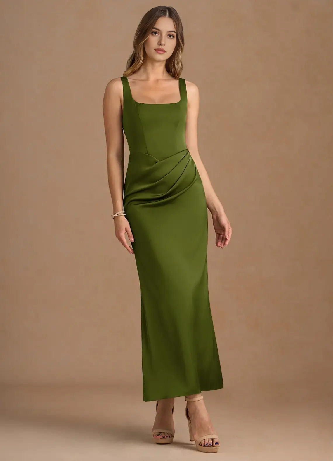 Elegant Square - Necked Olive Green Prom Dress with Ruched Waist Detail and Figure - Hugging Silhouette for Formal Events