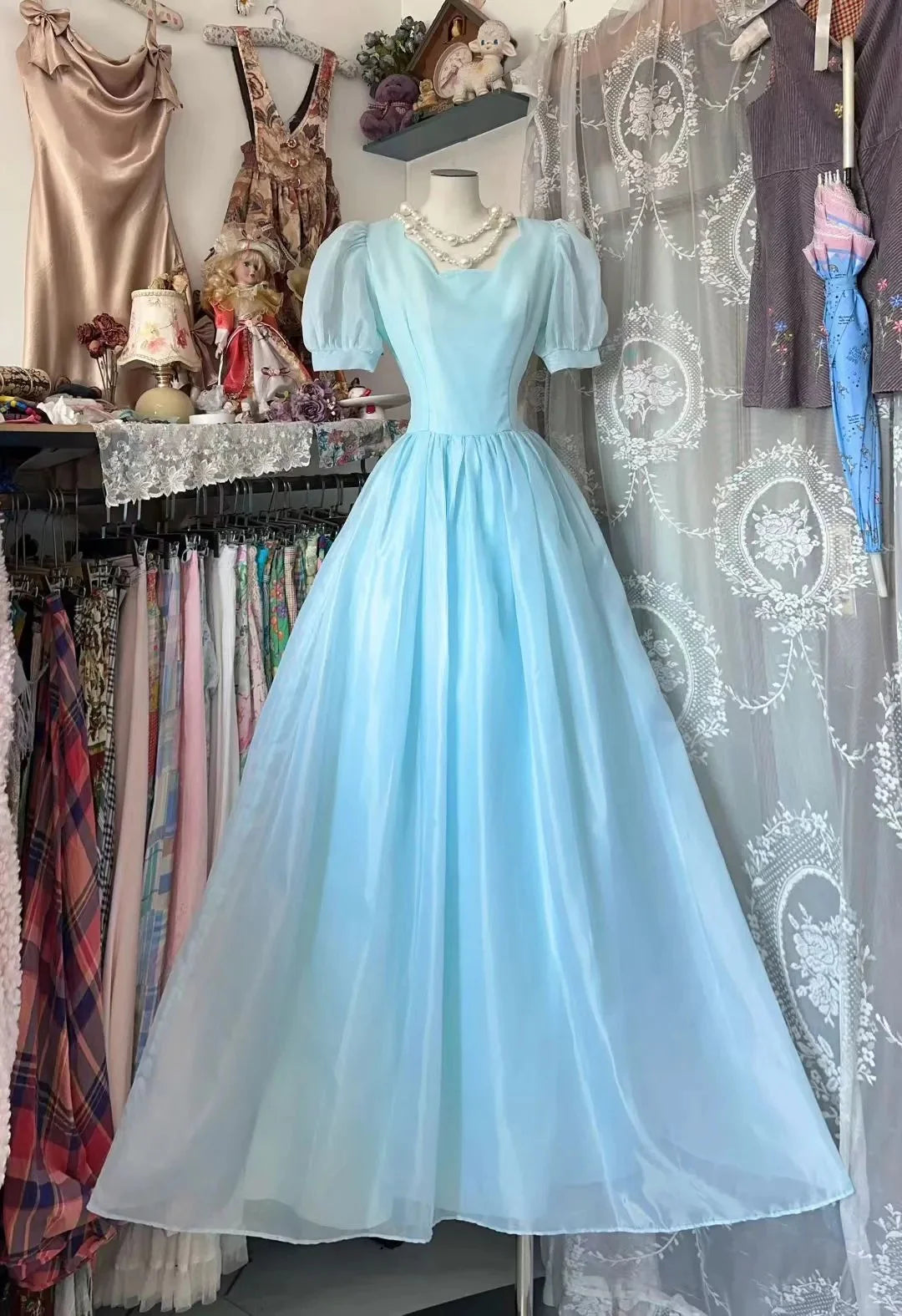 Elegant Square Neck Puff Sleeve Simple Light Blue Maxi Prom Dress