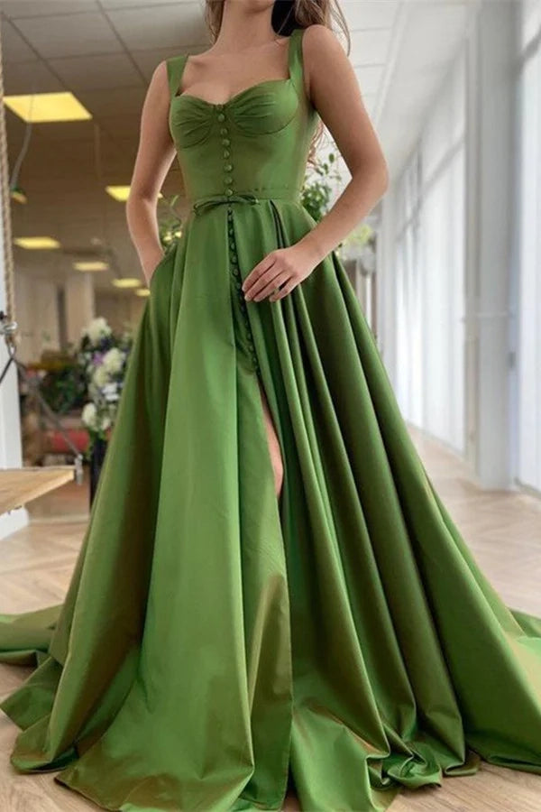 Elegant Square Neck Sleeveless Buttoned Green Maxi Prom Dress