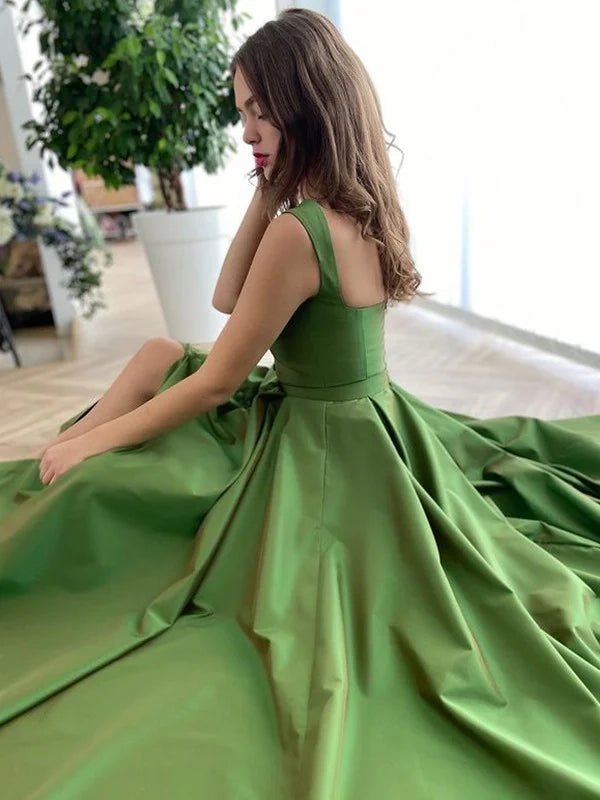 Elegant Square Neck Sleeveless Buttoned Green Maxi Prom Dress