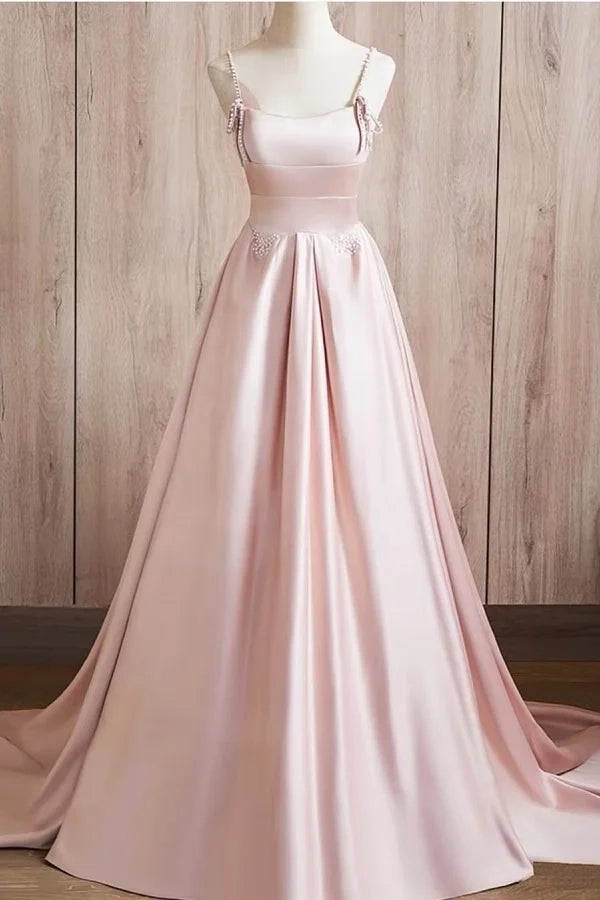 Elegant Square Neck Spaghetti Strap Blush Pink Maxi Party Dress