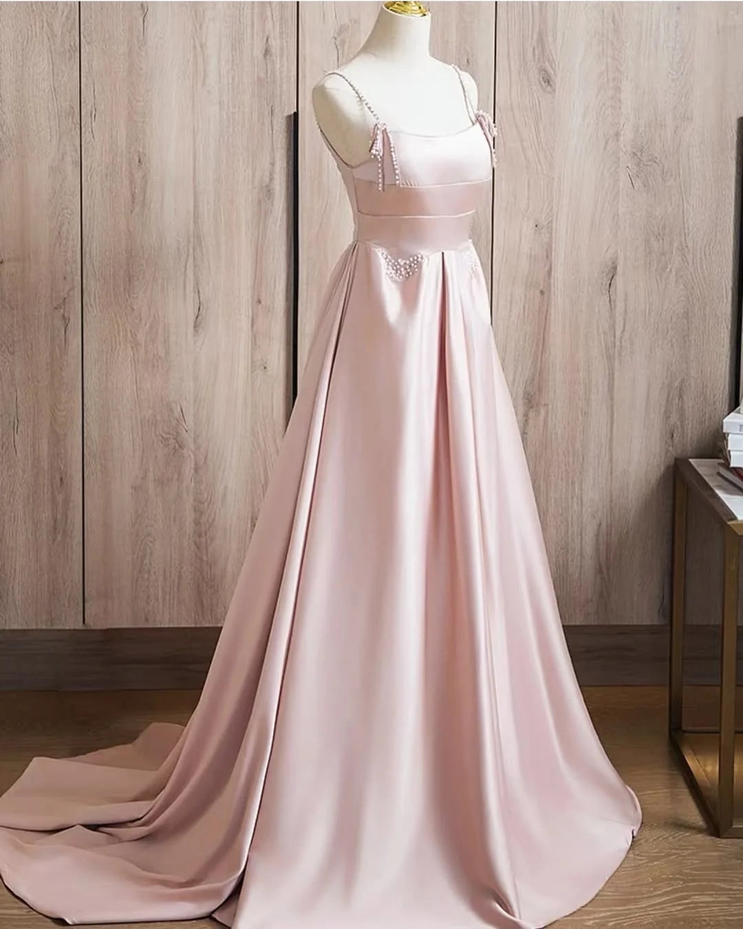 Elegant Square Neck Spaghetti Strap Blush Pink Maxi Party Dress