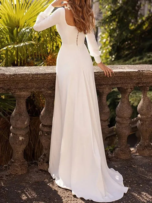 Elegant Square Neck Wedding Dress with Puff Sleeves and Flowy Maxi Skirt for Timeless Bridal Look
