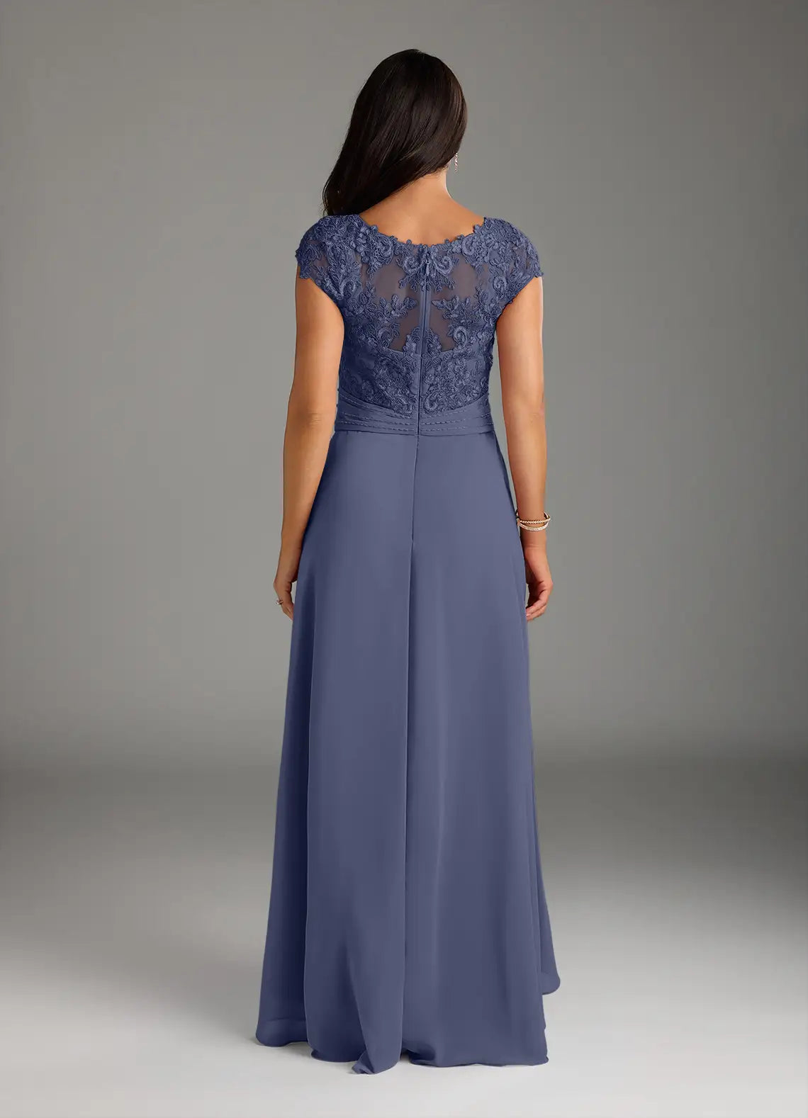 Elegant Stormy A-Line Lace Chiffon Mother of the Bride Dress V - Neck Embroidered Bodice Cap Sleeves High  Low Skirt for sale