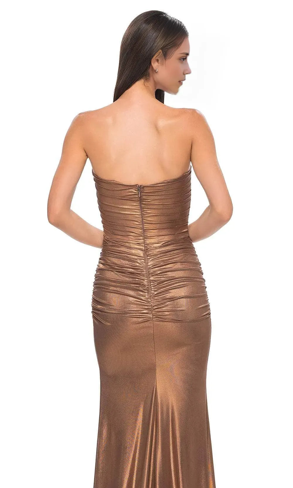 Elegant Strapless Bronze Toned Mermaid Prom Dress with Ruched Bodice for Formal Evening Galas