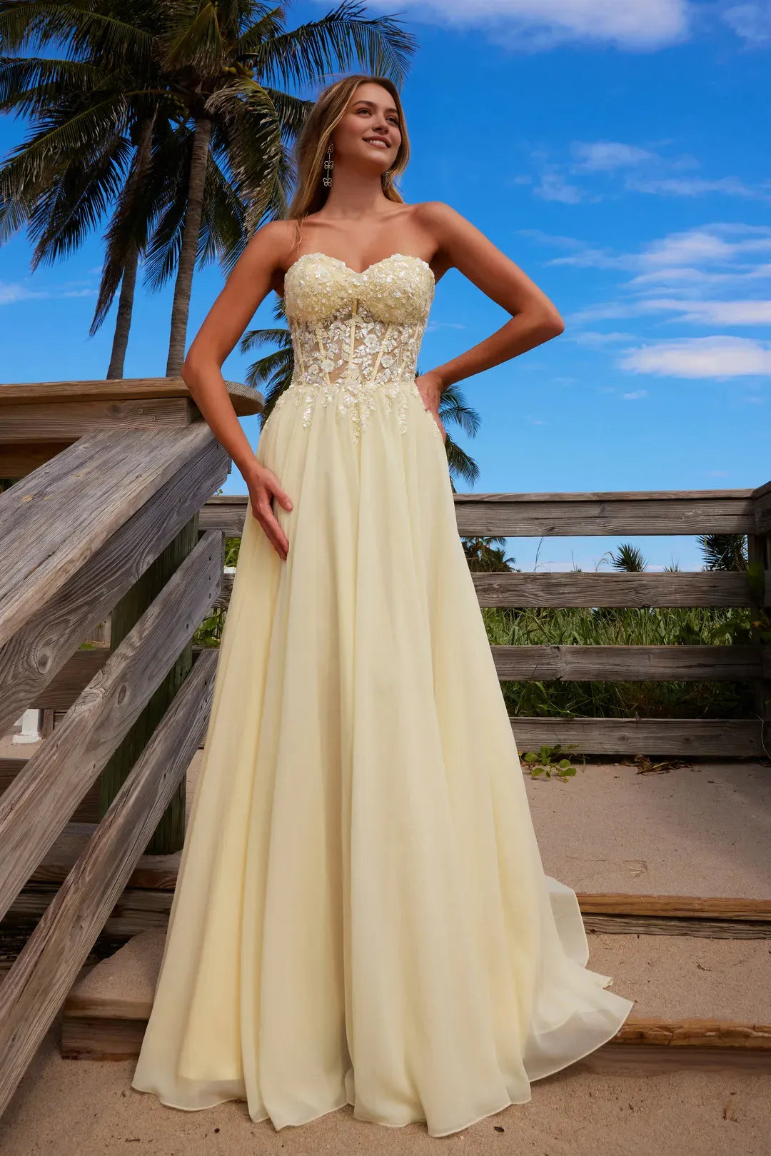 Elegant Strapless Champagne Prom Dress with Beaded Bodice Sheer Embroidered Waist  Flowy Chiffon Skirt for Formal Occasions