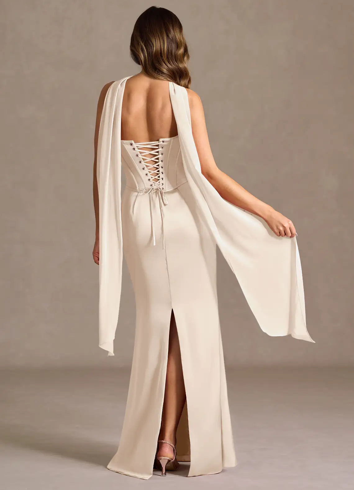 Elegant Strapless Champagne Satin Prom Dress with Corset Bodice and Draped Scarf Detail for