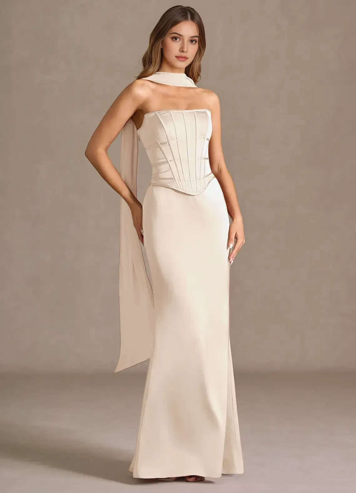 Elegant Strapless Champagne Satin Prom Dress with Corset Bodice and Draped Scarf Detail for