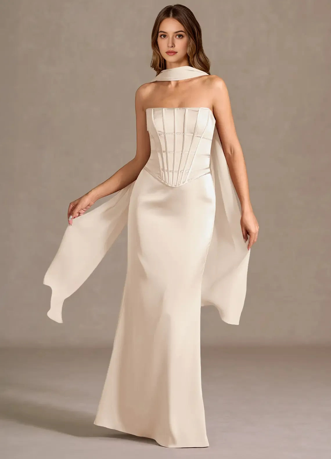 Elegant Strapless Champagne Satin Prom Dress with Corset Bodice and Draped Scarf Detail for