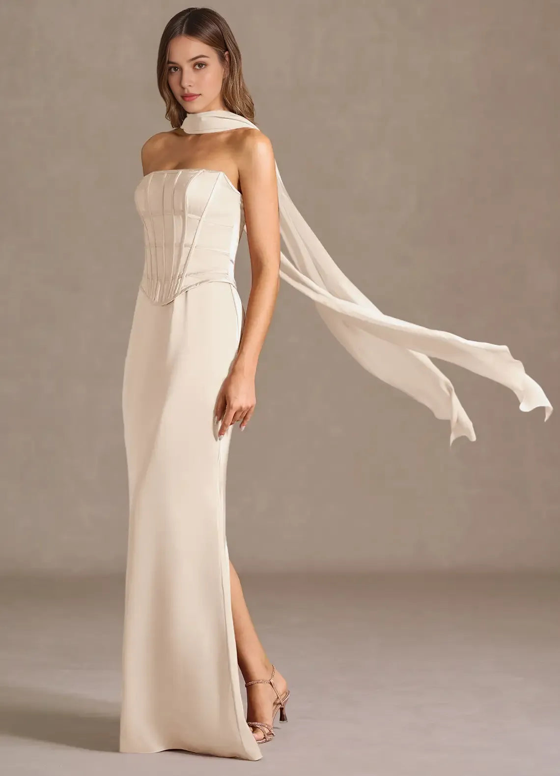 Elegant Strapless Champagne Satin Prom Dress with Corset Bodice and Draped Scarf Detail for