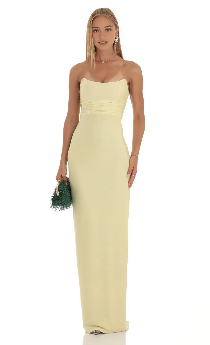 Elegant Strapless Champagne Yellow Prom Dress with Ruched Bodice  Floor - Length Silhouette for Formal Galas