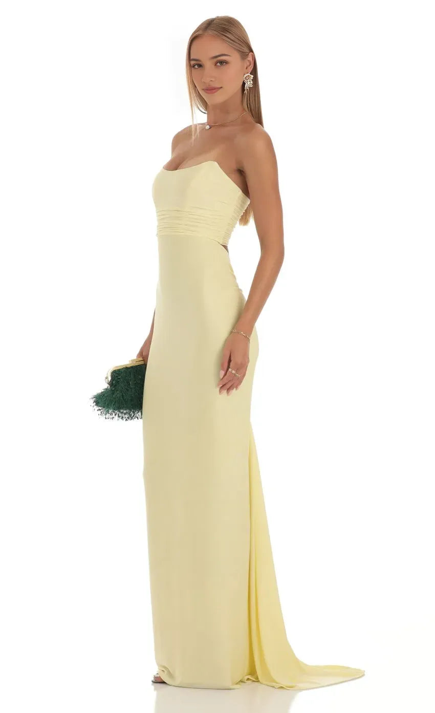 Elegant Strapless Champagne Yellow Prom Dress with Ruched Bodice  Floor - Length Silhouette for Formal Galas