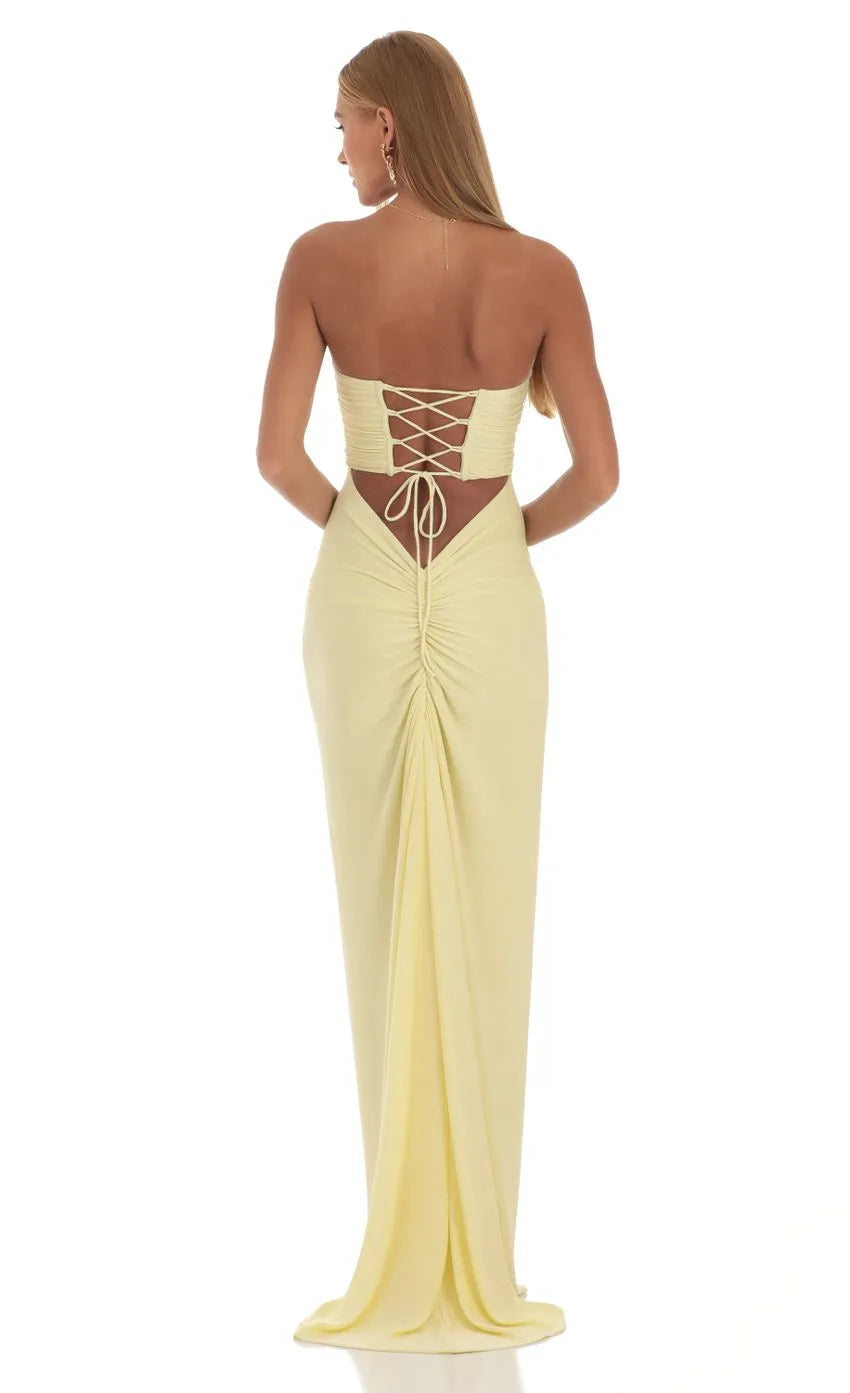 Elegant Strapless Champagne Yellow Prom Dress with Ruched Bodice  Floor - Length Silhouette for Formal Galas