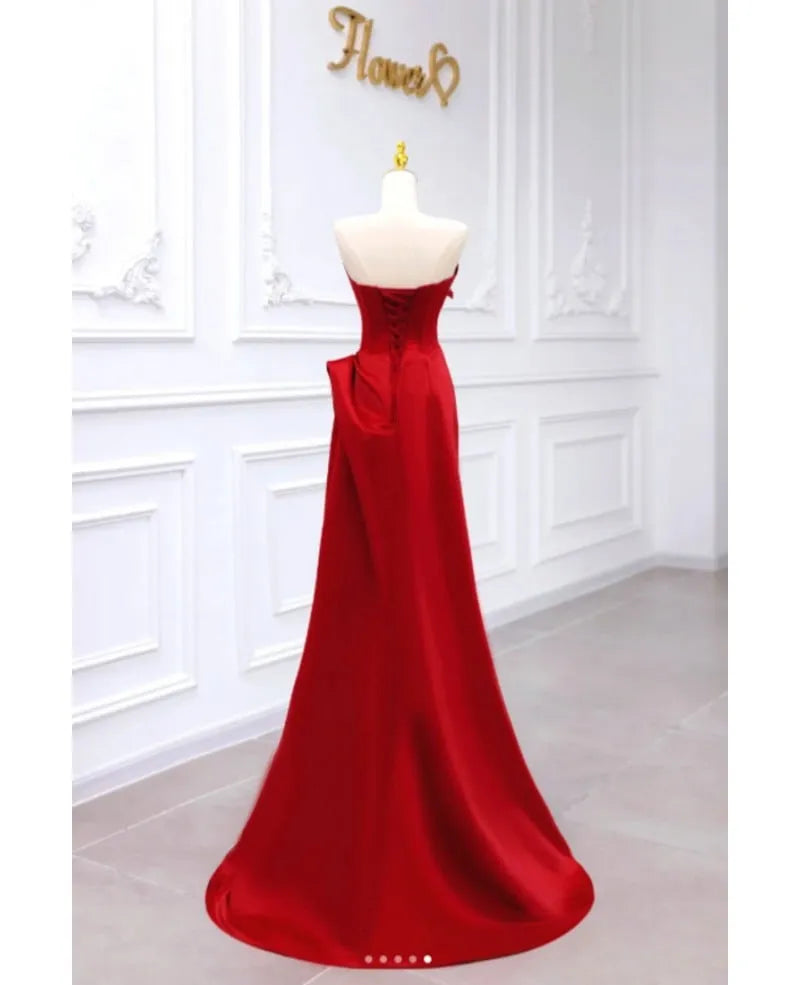 Elegant Strapless Corset Pleated Applique Burgundy Prom Dress With Embroidered