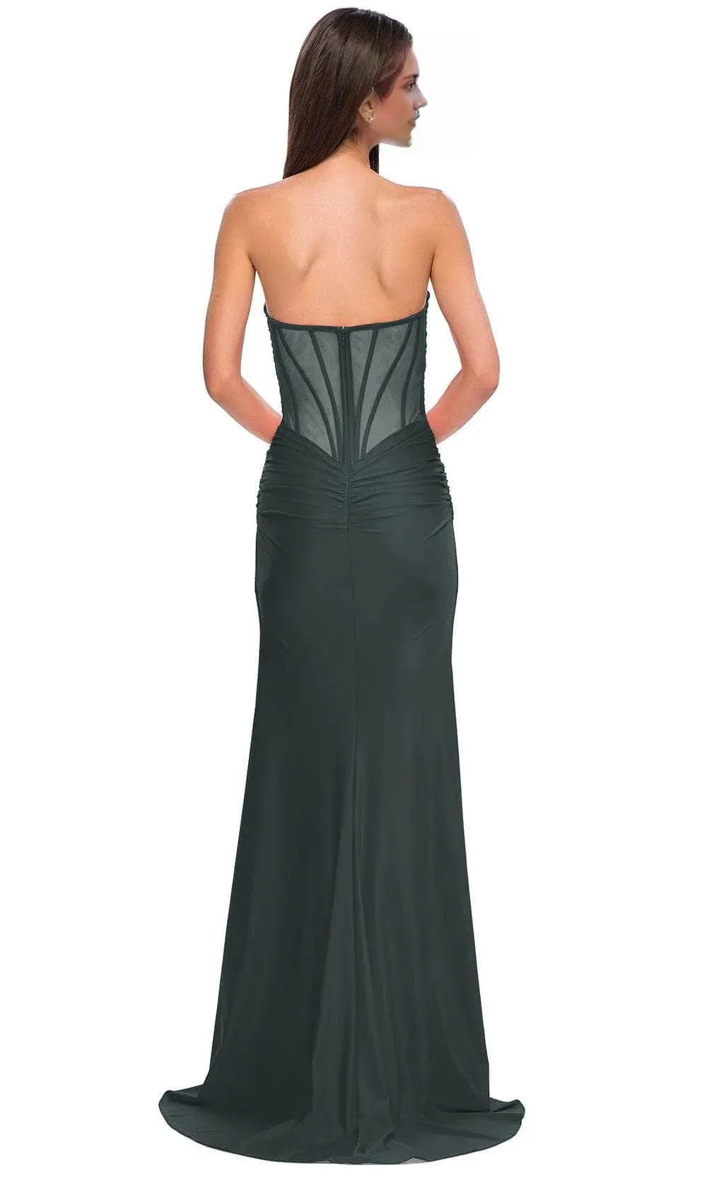 Elegant Strapless Dark Green Prom Dress with Ruched Bodice Plunging Neckline and High Side Slit for Formal Evening Galas