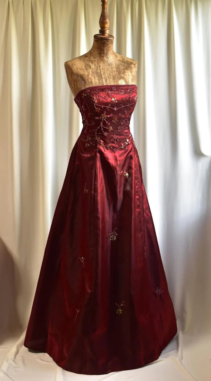 Elegant Strapless Embroidered Red Maxi Prom Dress