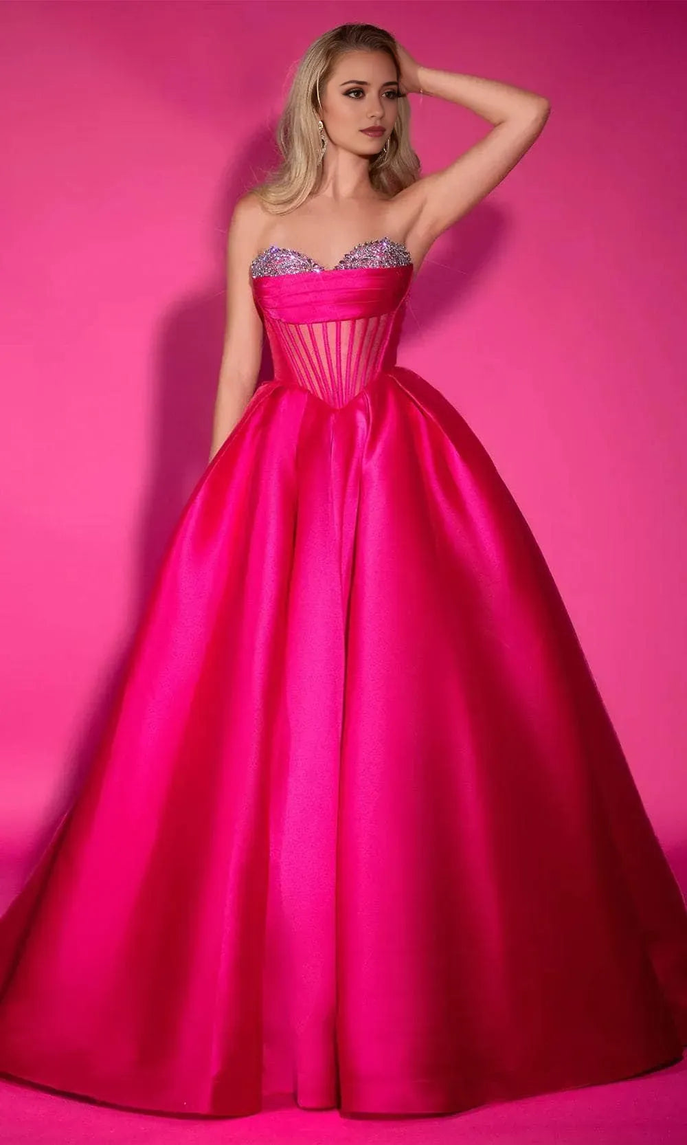 Elegant Strapless Hot Pink Satin Ball Gown with Crystal  Adorned Top Ideal for Prom Nights