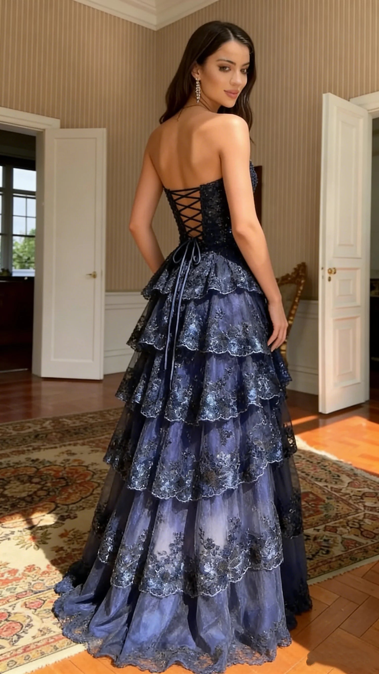 Elegant Strapless Lace Navy Blue Maxi Prom Dress