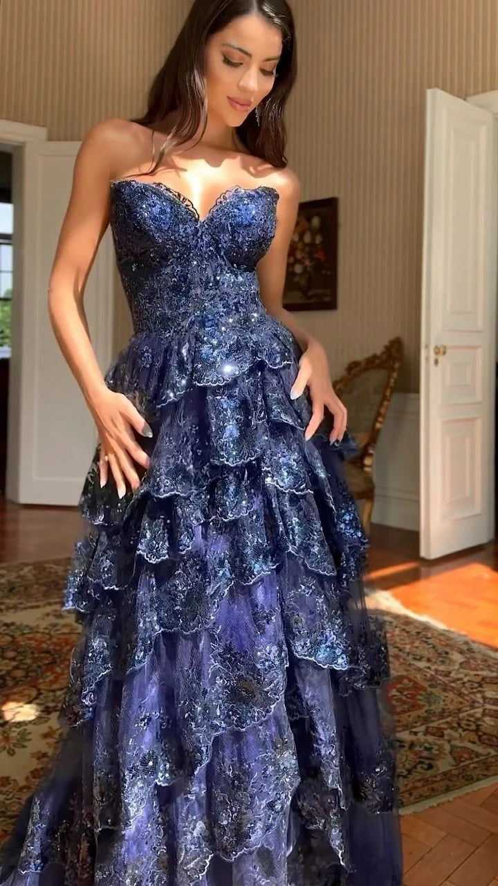 Elegant Strapless Lace Navy Blue Maxi Prom Dress