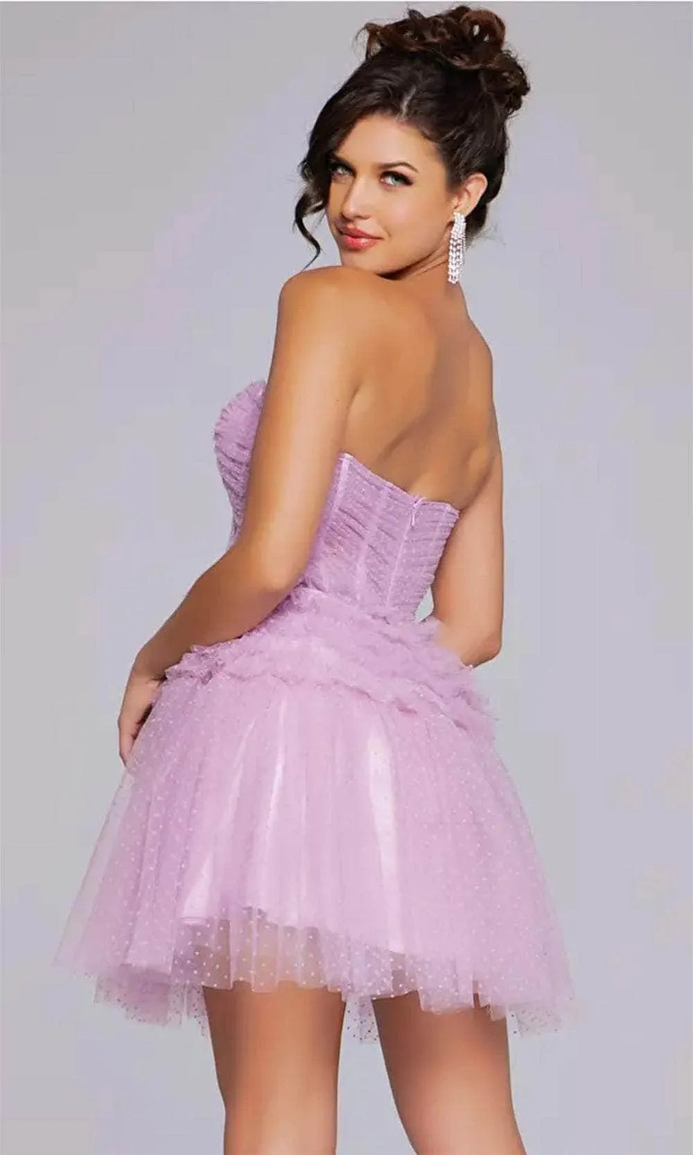 Elegant Strapless Lavender Mini Dress Sheer Corset Detail  Layered Tulle Skirt for Homecoming Events