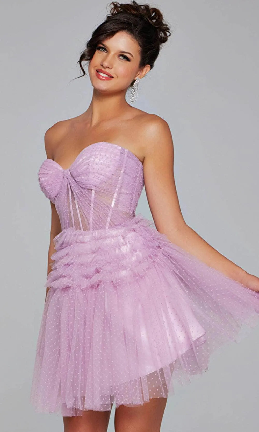Elegant Strapless Lavender Mini Dress Sheer Corset Detail  Layered Tulle Skirt for Homecoming Events