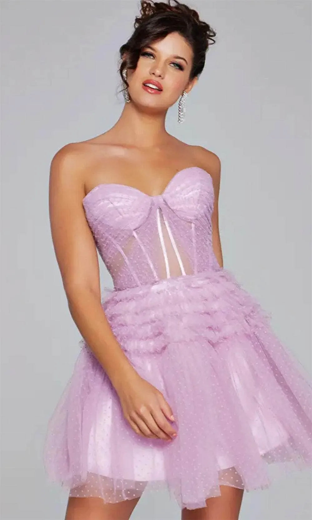 Elegant Strapless Lavender Mini Dress Sheer Corset Detail  Layered Tulle Skirt for Homecoming Events