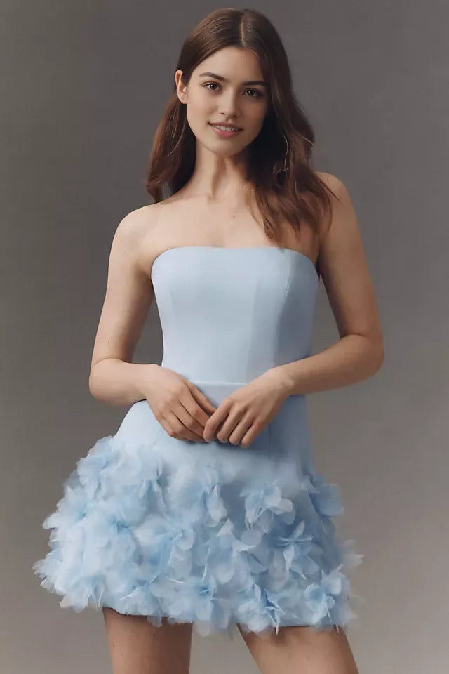 Elegant Strapless Light Blue Homecoming Dress with 3D Floral Ruffle Skirt Perfect for Memorable School Dances