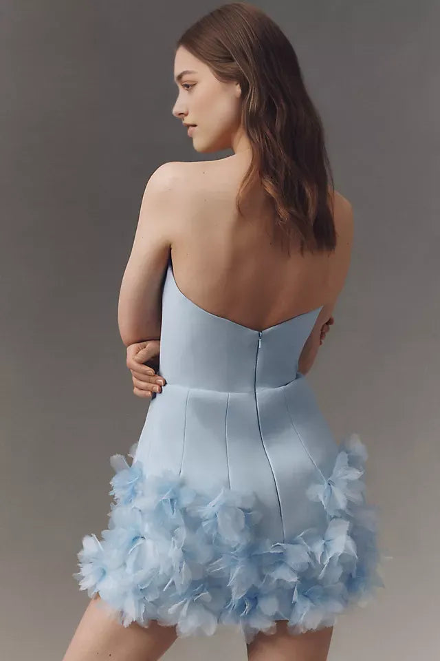 Elegant Strapless Light Blue Homecoming Dress with 3D Floral Ruffle Skirt Perfect for Memorable School Dances