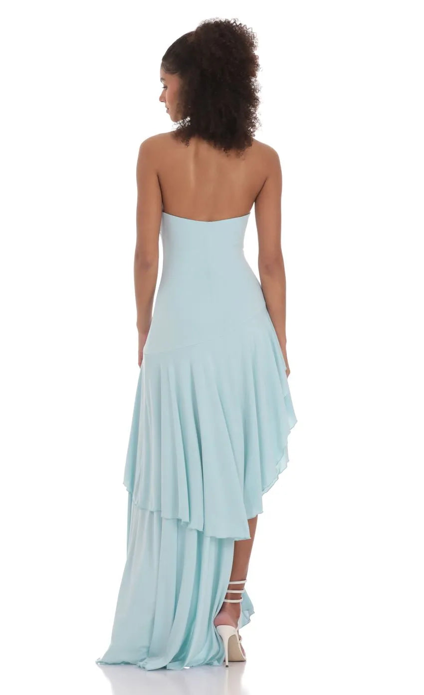 Elegant Strapless Light Blue Prom Dress with Asymmetric Ruffled Skirt  Perfect for Romantic Prom Nights