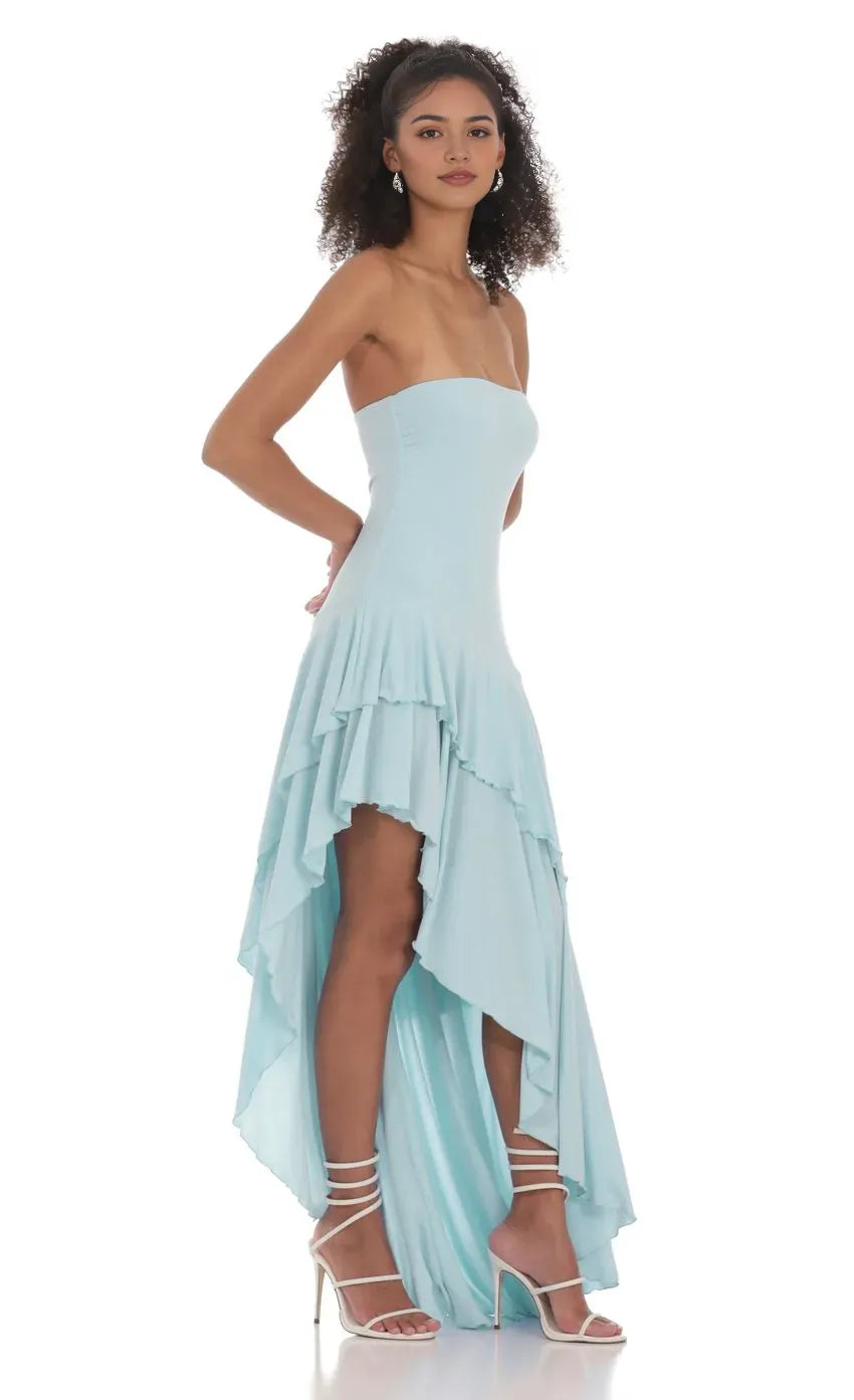 Elegant Strapless Light Blue Prom Dress with Asymmetric Ruffled Skirt  Perfect for Romantic Prom Nights