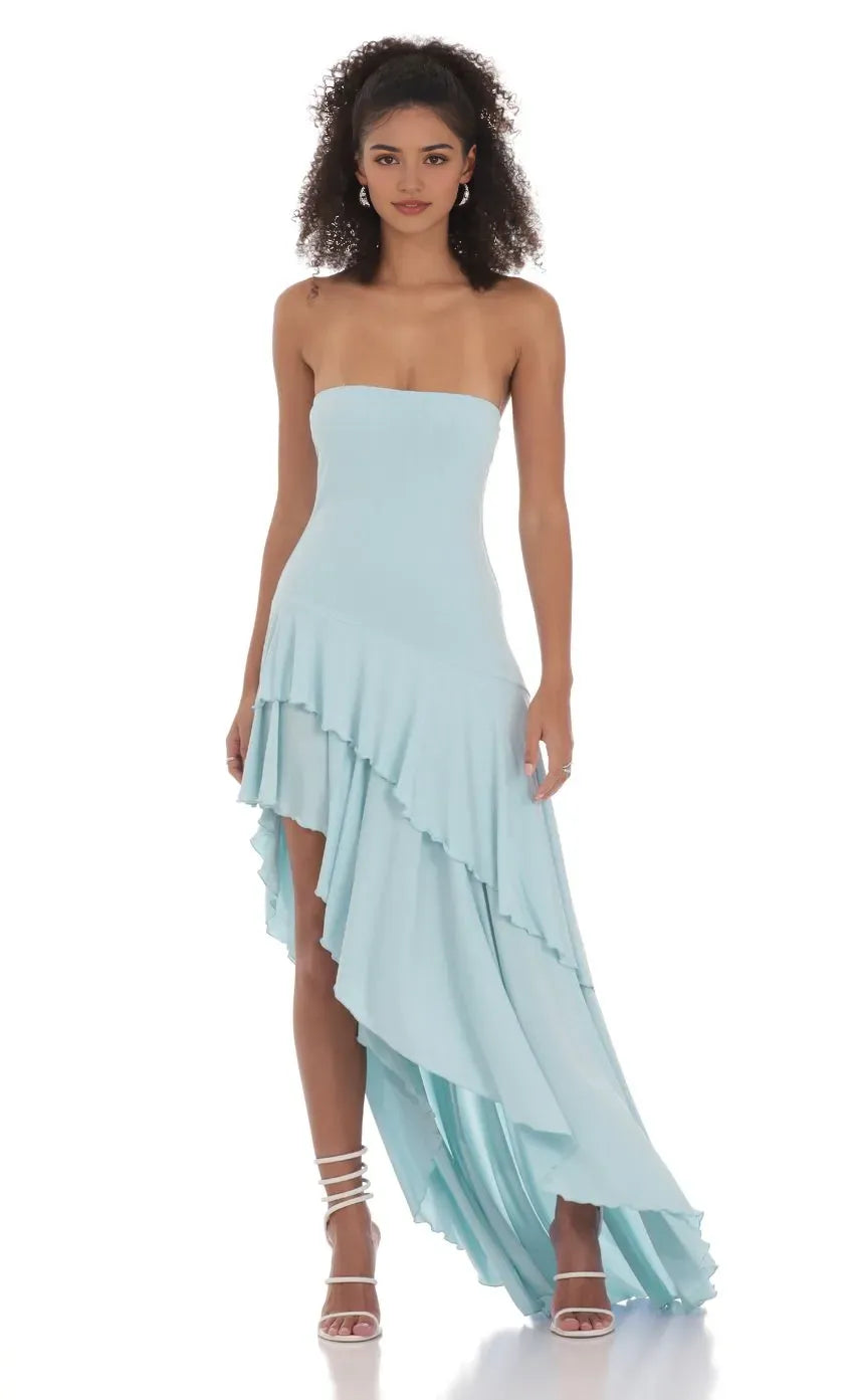 Elegant Strapless Light Blue Prom Dress with Asymmetric Ruffled Skirt  Perfect for Romantic Prom Nights