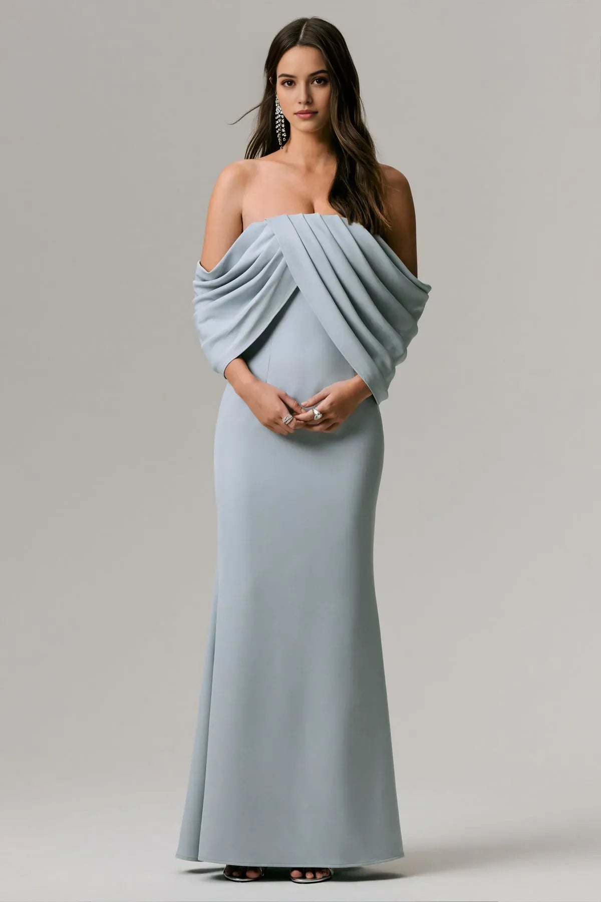 Elegant Strapless Light Blue Prom Dress with Draped Off - Shoulder Sleeves and Mermaid Silhouette