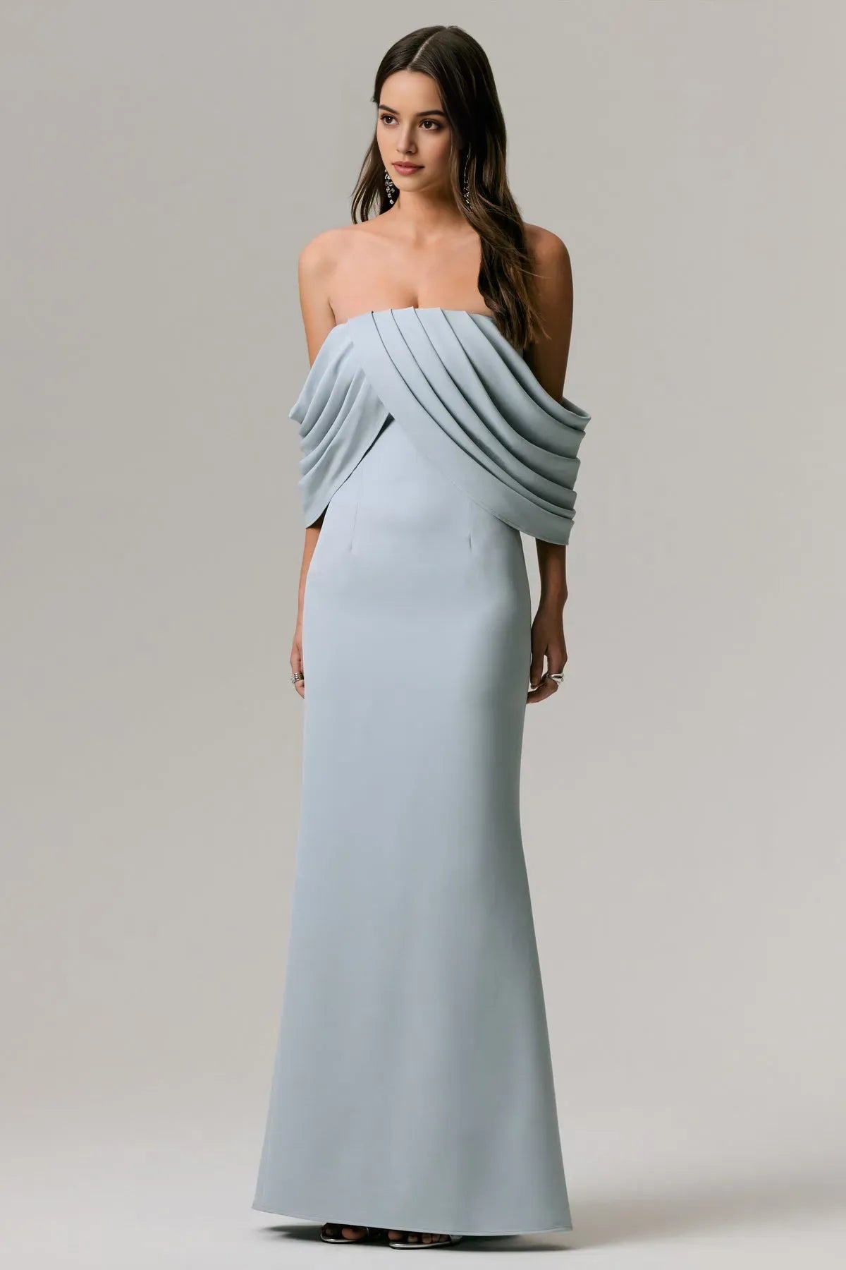 Elegant Strapless Light Blue Prom Dress with Draped Off - Shoulder Sleeves and Mermaid Silhouette