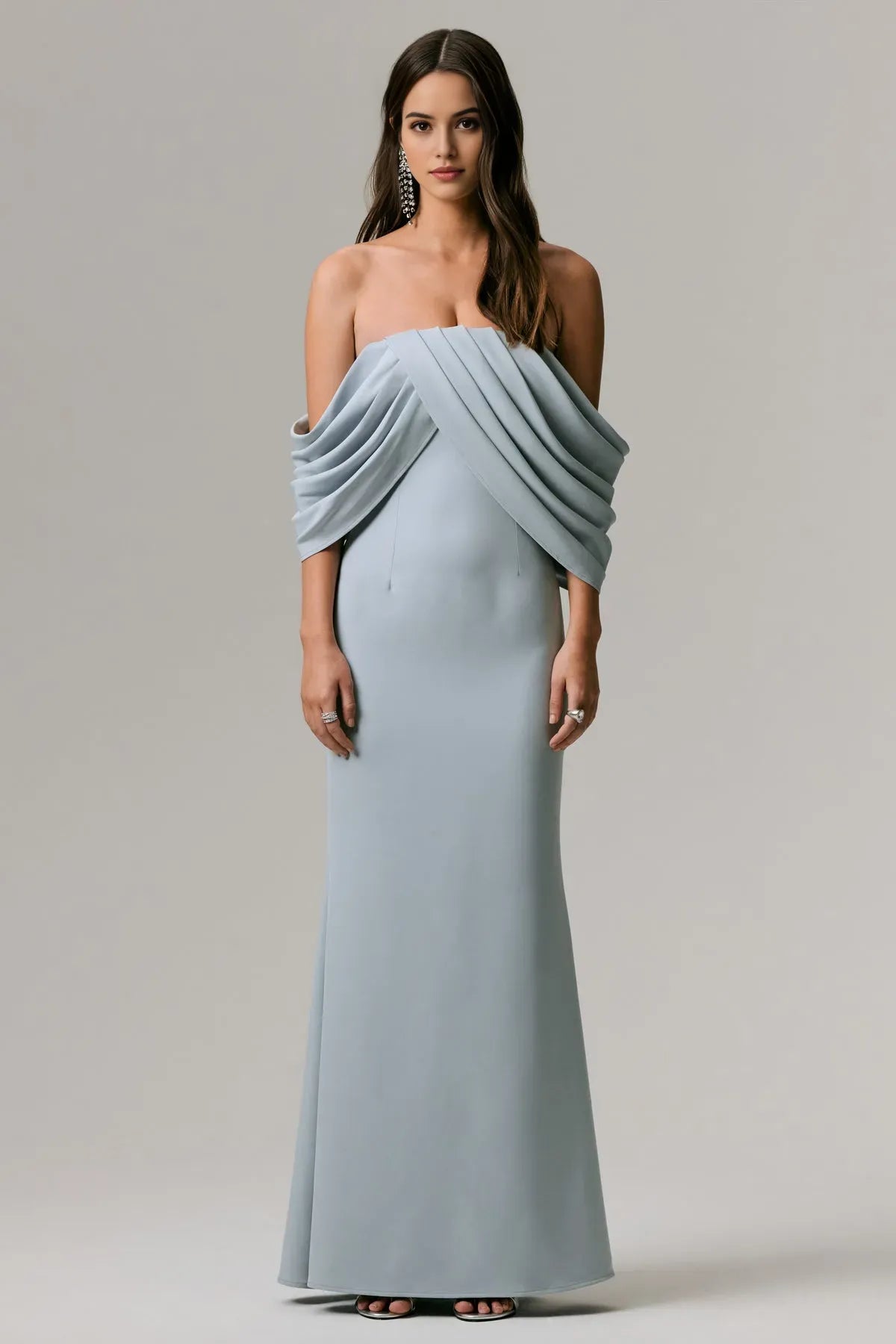 Elegant Strapless Light Blue Prom Dress with Draped Off - Shoulder Sleeves and Mermaid Silhouette