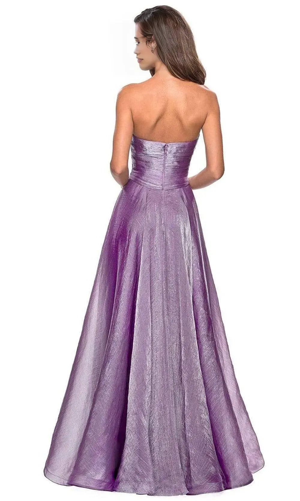Elegant Strapless Lilac Shimmer Chiffon Prom Dress with Ruched Bodice for Graceful Evenings
