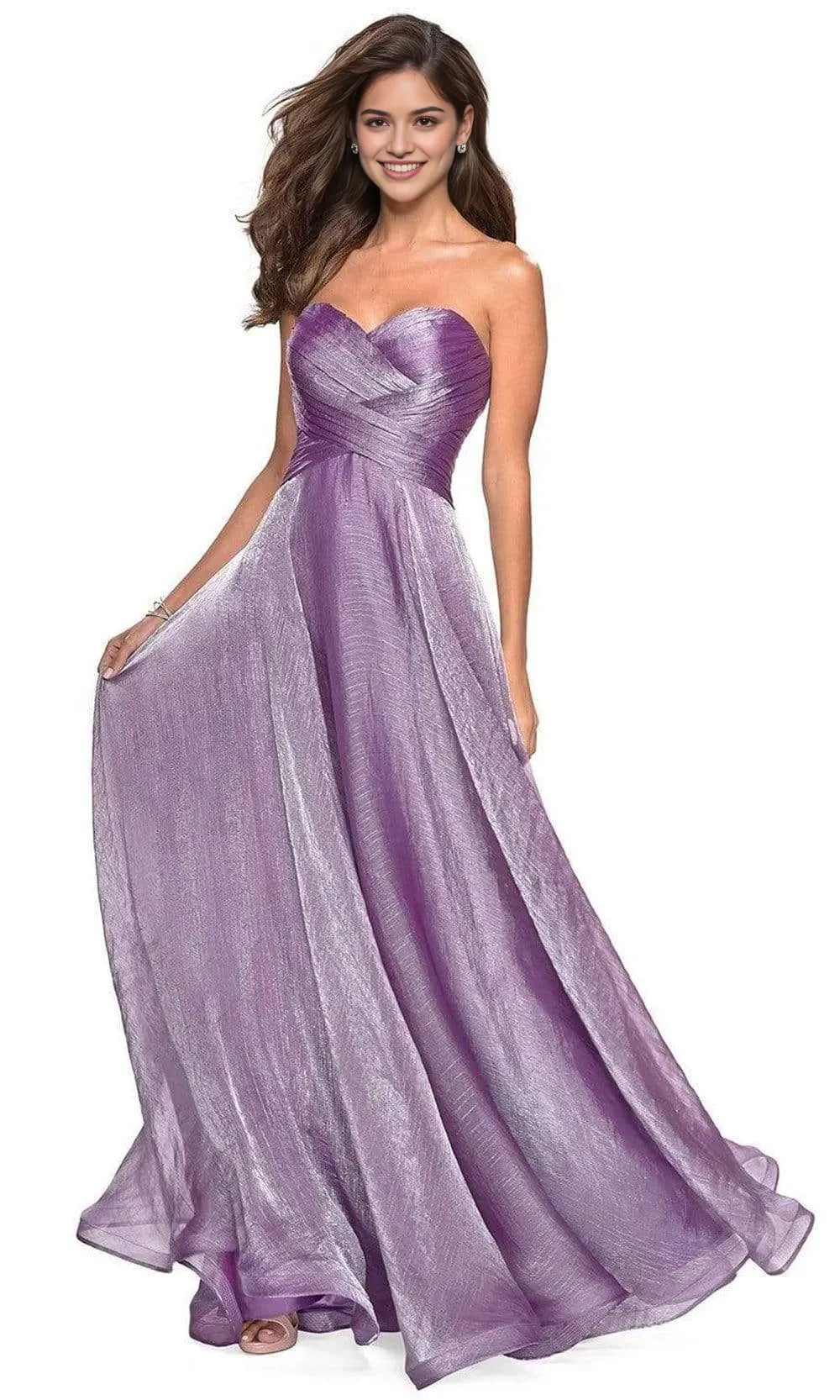 Elegant Strapless Lilac Shimmer Chiffon Prom Dress with Ruched Bodice for Graceful Evenings
