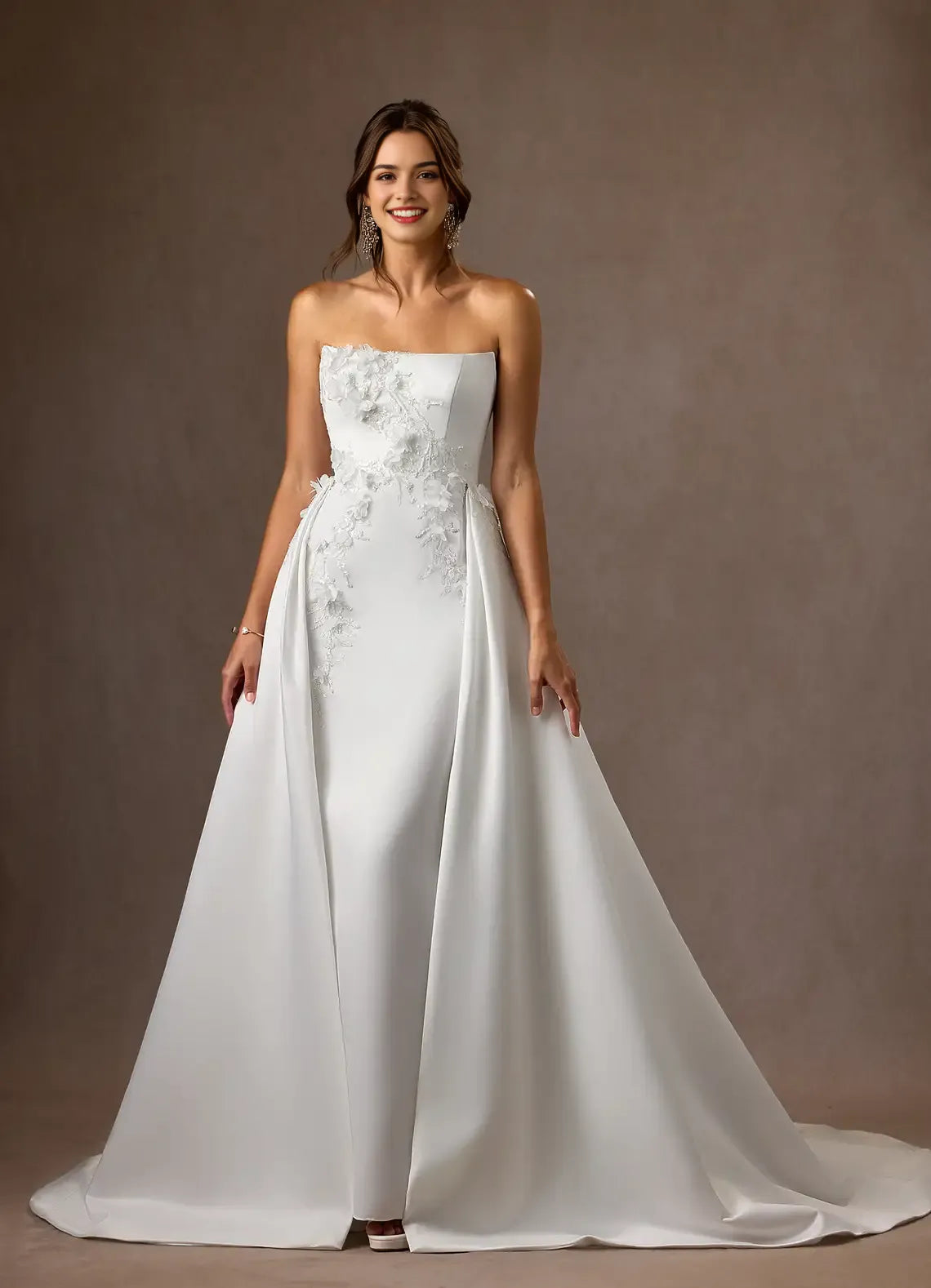 Elegant Strapless Mermaid Strapless Matte Satin Wedding Dress Satin Fabric 3D Floral Appliqués Detachable Train Mermaid Silhouette  Perfect for Timeless Bridal Looks