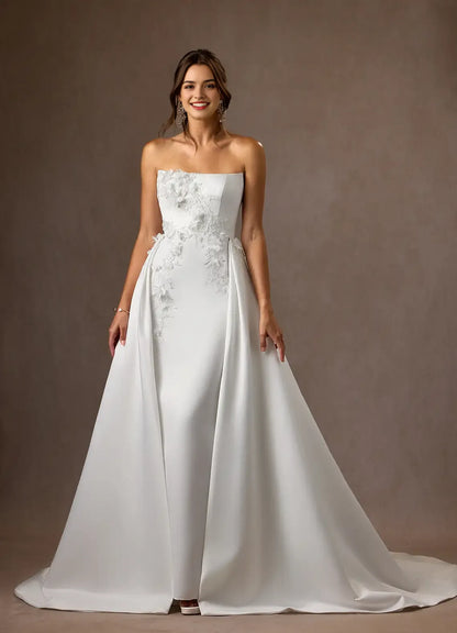 Elegant Strapless Mermaid Strapless Matte Satin Wedding Dress Satin Fabric 3D Floral Appliqués Detachable Train Mermaid Silhouette  Perfect for Timeless Bridal Looks