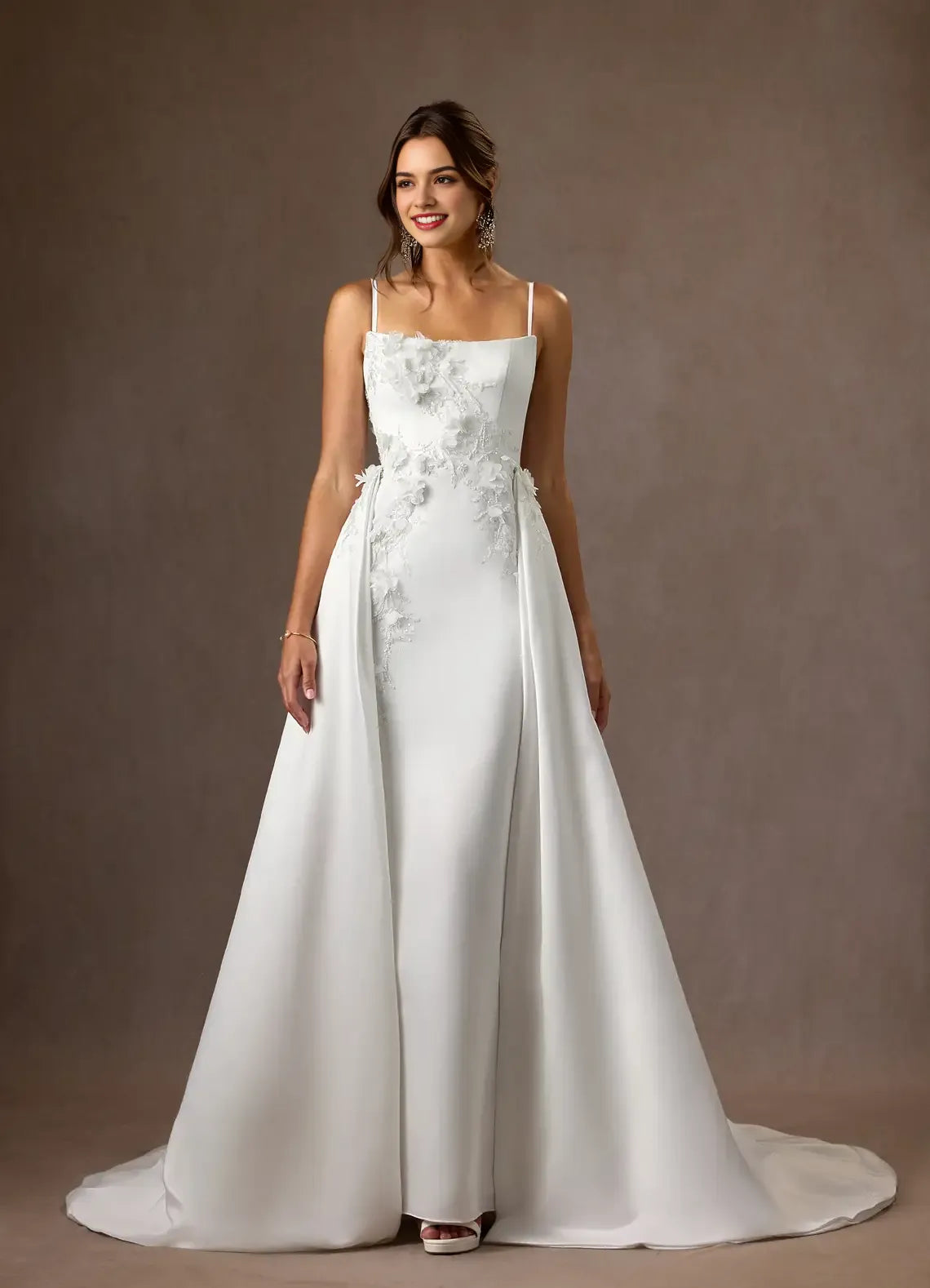 Elegant Strapless Mermaid Strapless Matte Satin Wedding Dress Satin Fabric 3D Floral Appliqués Detachable Train Mermaid Silhouette  Perfect for Timeless Bridal Looks