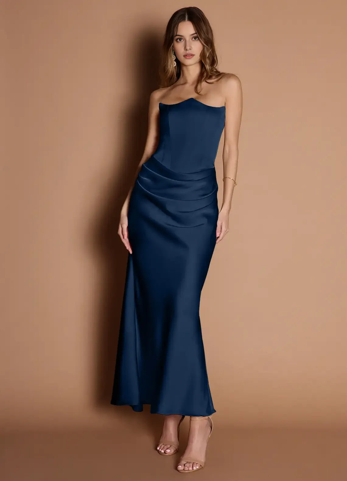 Elegant Strapless Navy Blue Satin Prom Dress with Ruched Detail and Mermaid Silhouette for Formal Occasions