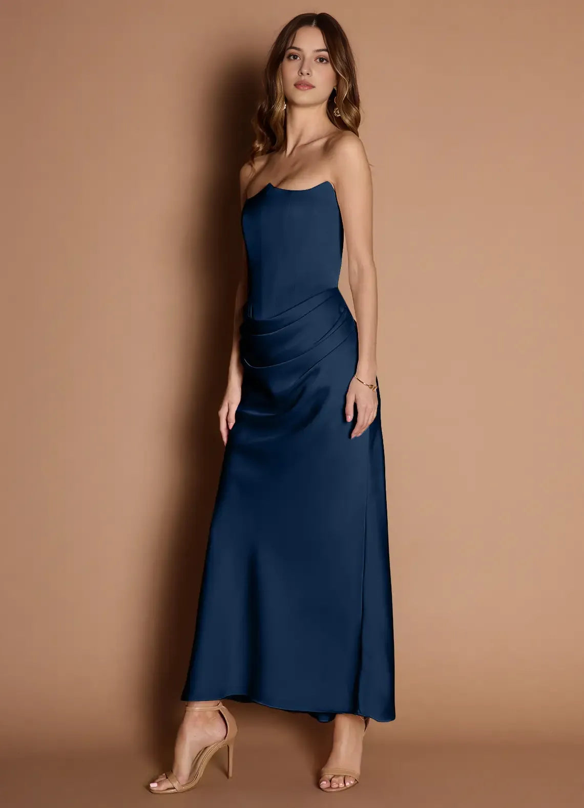 Elegant Strapless Navy Blue Satin Prom Dress with Ruched Detail and Mermaid Silhouette for Formal Occasions