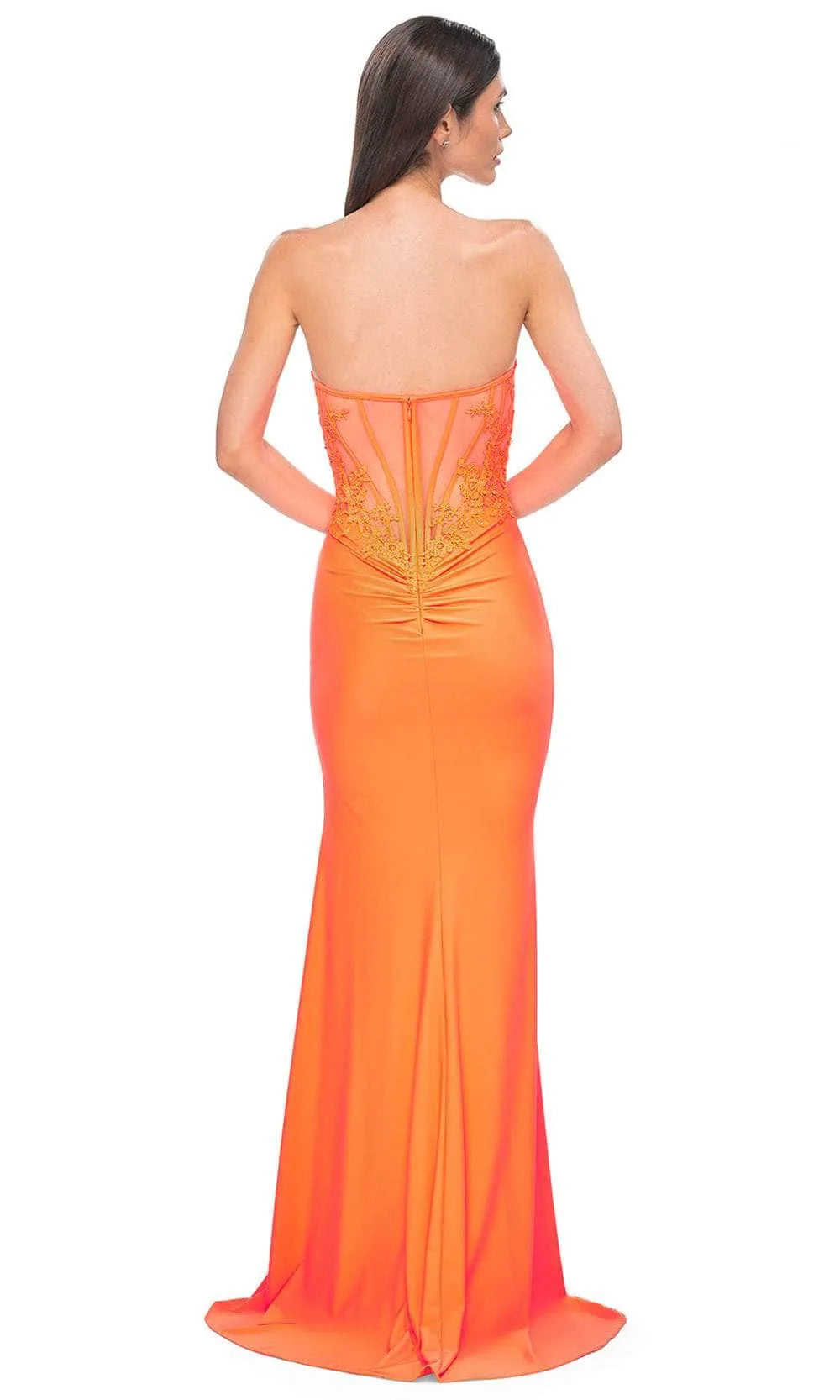 Elegant Strapless Orange Satin Prom Gown with Lace Trim and High Side Slit for Formal Evening Occasions