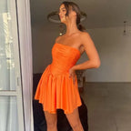 Elegant Strapless Pleated Mini Party Homecoming Dresses Ruched Bodice Flared Skirt  for women Hot Sale