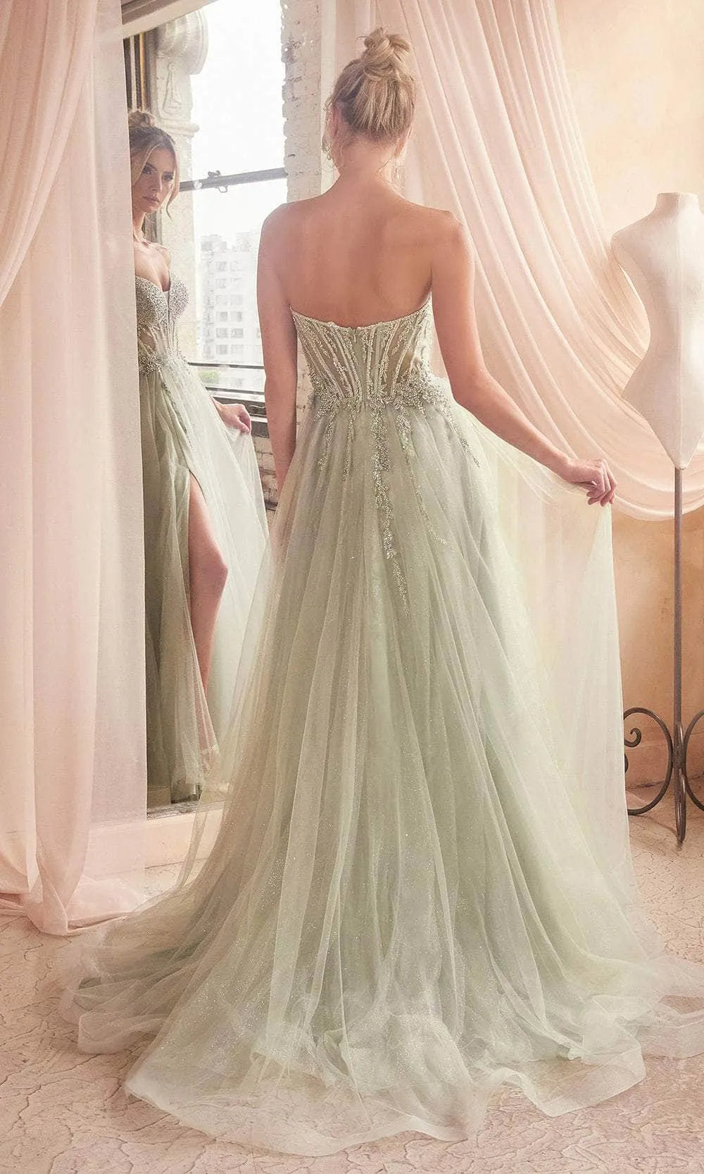 Elegant Strapless Sage Green Tulle Evening Gown with Beaded Bodice and High Slit for Prom  Formal Galas
