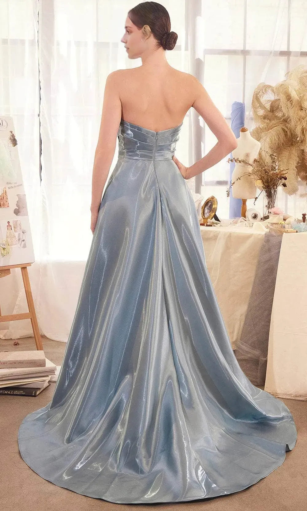 Elegant Strapless Shimmering Satin Evening Gown with Draped Bodice and Train Perfect for Proms & Formal Galas