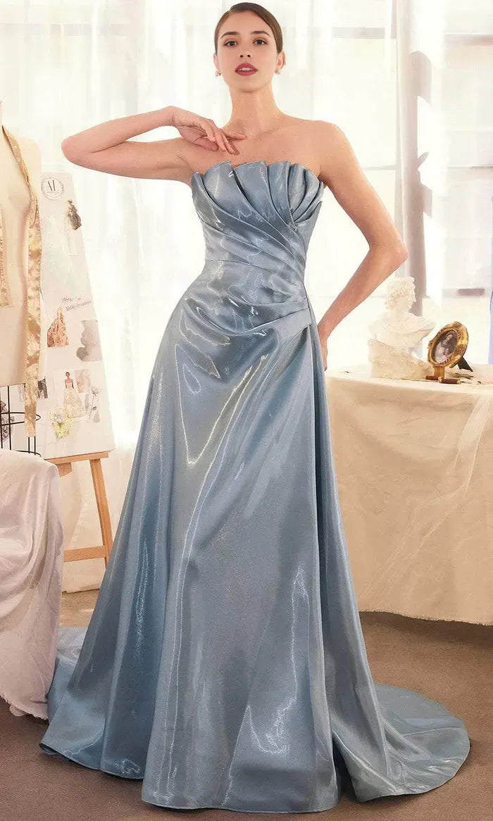 Elegant Strapless Shimmering Satin Evening Gown with Draped Bodice and Train Perfect for Proms & Formal Galas