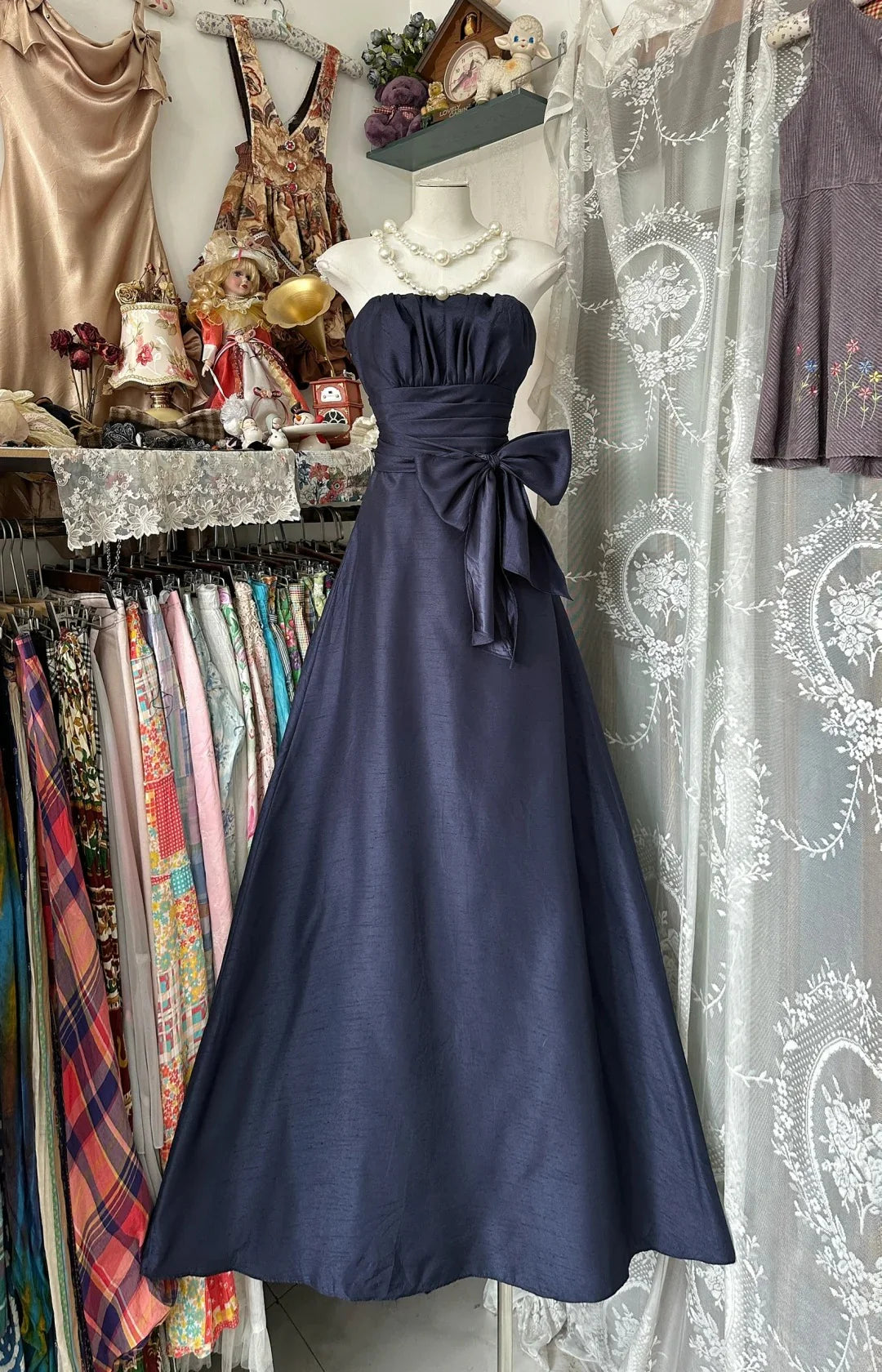 Elegant Strapless Sleeveless Bow Navy Blue Maxi Prom Dress