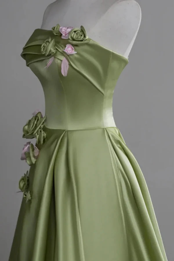 Elegant Strapless Sleeveless Floral-Appliquéd Light Green Satin Prom Dresses